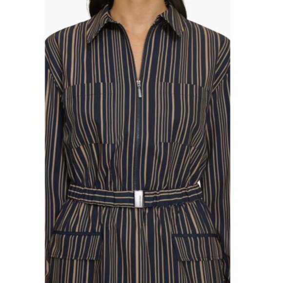Calvin Klein Womens Black Tan Stripe Zip Up Collar Long Sleeve Sheath Dress Sz 4 - Picture 2 of 12